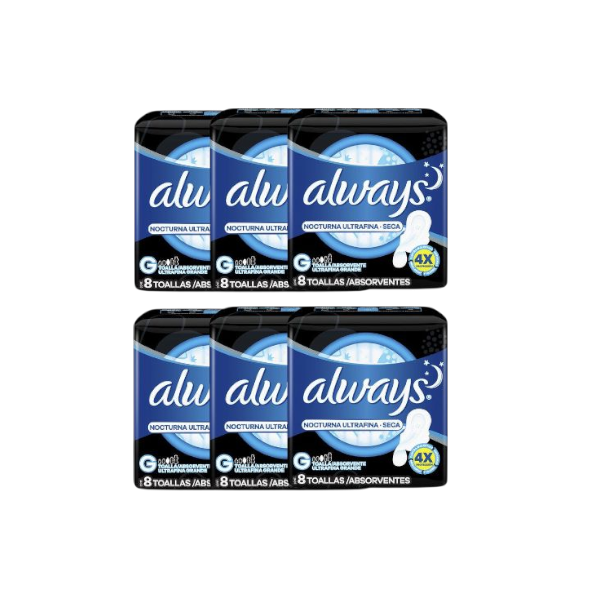Always Toalla Nocturna Seca – Pack x6 Paquetes (8un c/u) (B)